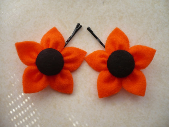 Orange Felt Flower, Hair Pins - Set of 2