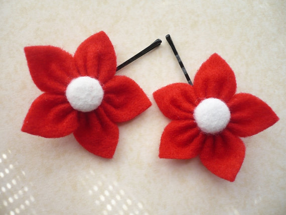 Red Felt Flower, Hair Pins - Set of 2