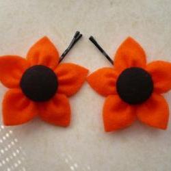 Orange Felt Flower, Hair Pins - Set of 2